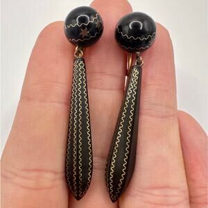 Antique Victorian 1870s Pique "faux" tortoise shell 14kt gold inlay earrings